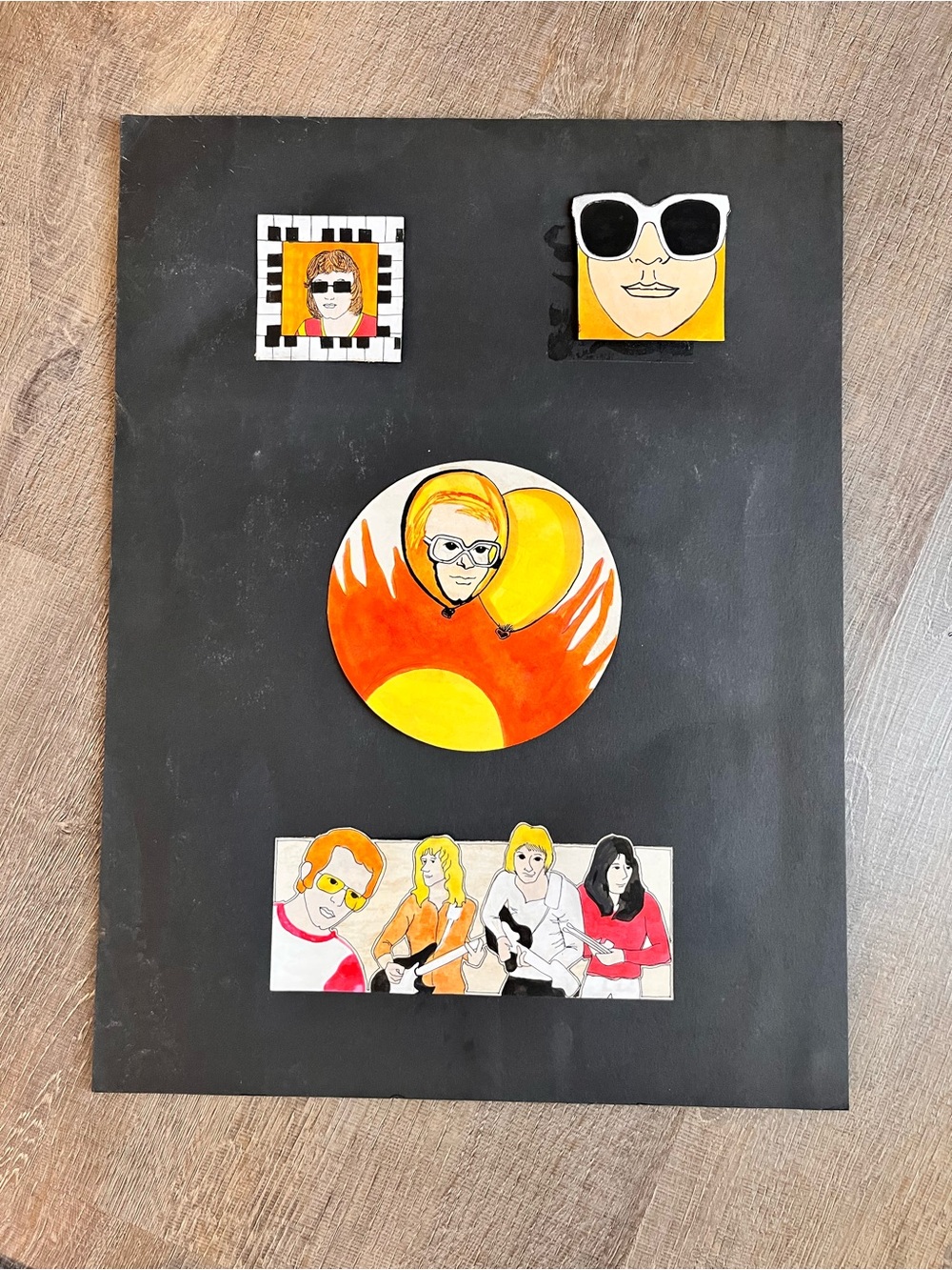 Retro Pop Art colored drawing Set in Black, Yellow & Orange Elton John